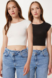 Siyah Beyaz 2’Li Paket Basic Crop Örme Bluz ZV00327