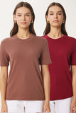 Bordo Kahverengi 2'Li Paket Pamuklu Basic Örme T-Shirt AG00002