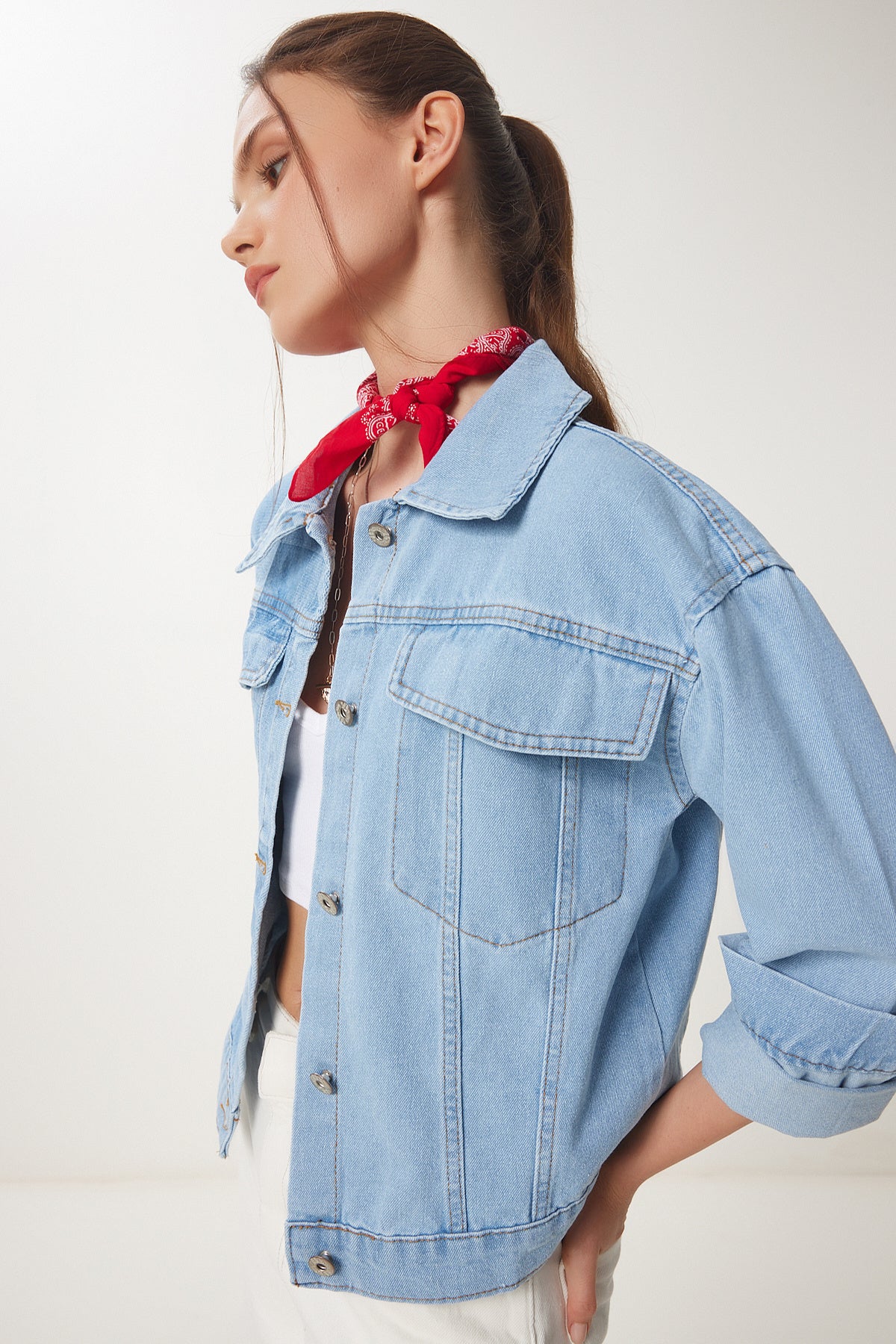 Açık Mavi Kontrast Renkli Denim Ceket SA00033