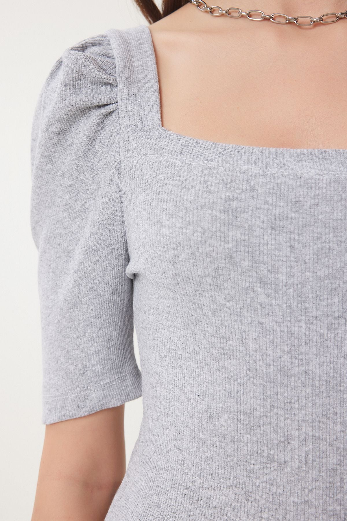 Gri Melanj Kare  Yaka Fitilli Crop Bluz GT00007