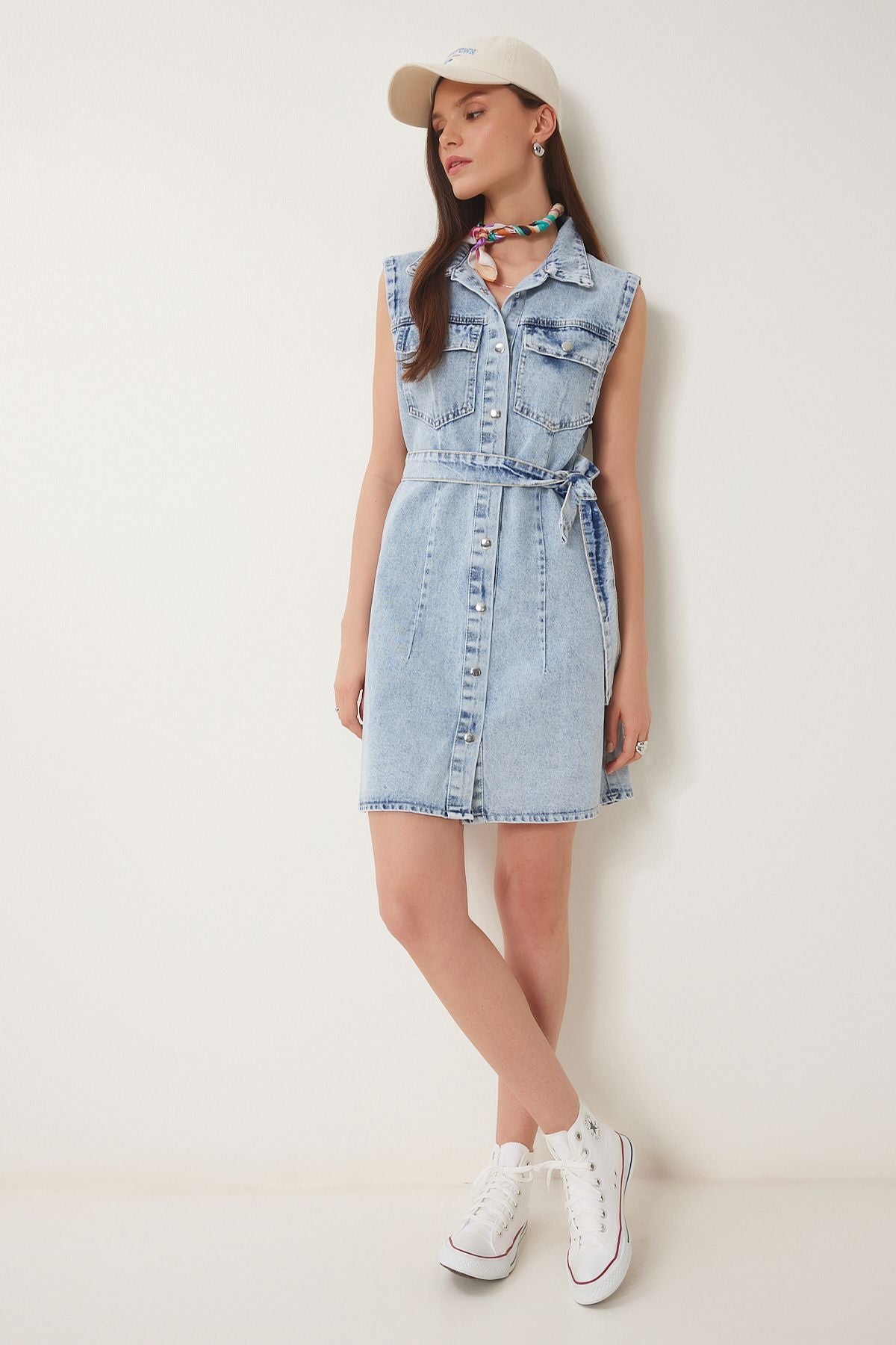 Açık Mavi Kuşaklı Mini Denim Elbise AN00236