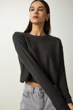 Antrasit Yumuşak Dokulu Crop Örme Bluz UB00214
