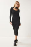 Siyah Cut Out Detaylı Dik Yaka Fitilli Triko Elbise FN03388