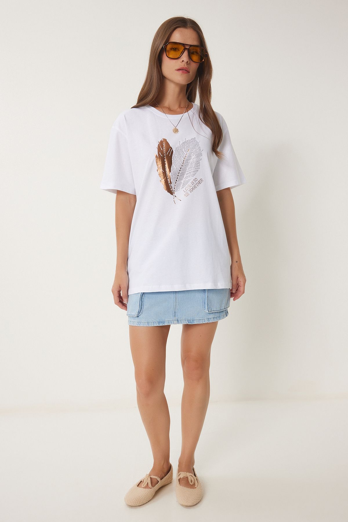 Beyaz Taş Detaylı Baskılı Örme T-Shirt BW00004