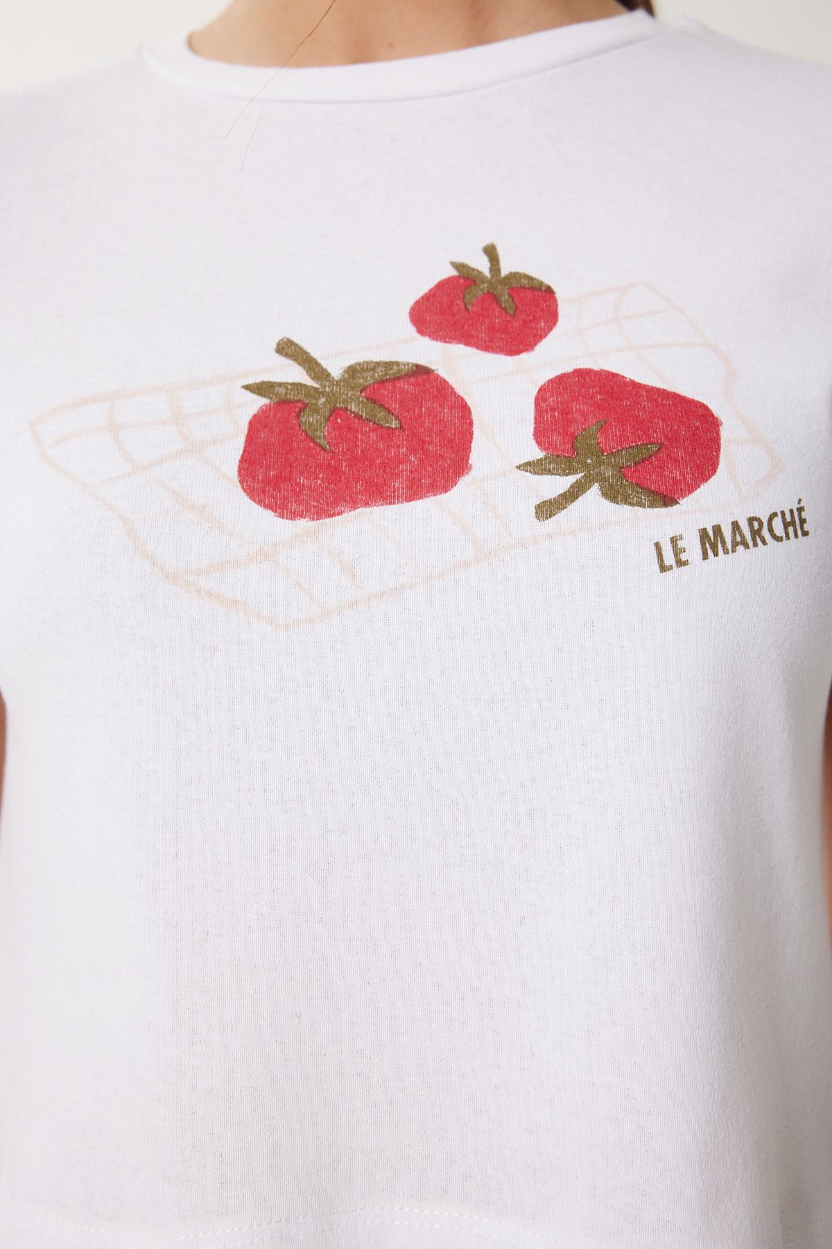 Beyaz Baskılı Crop Örme T-Shirt WO00053