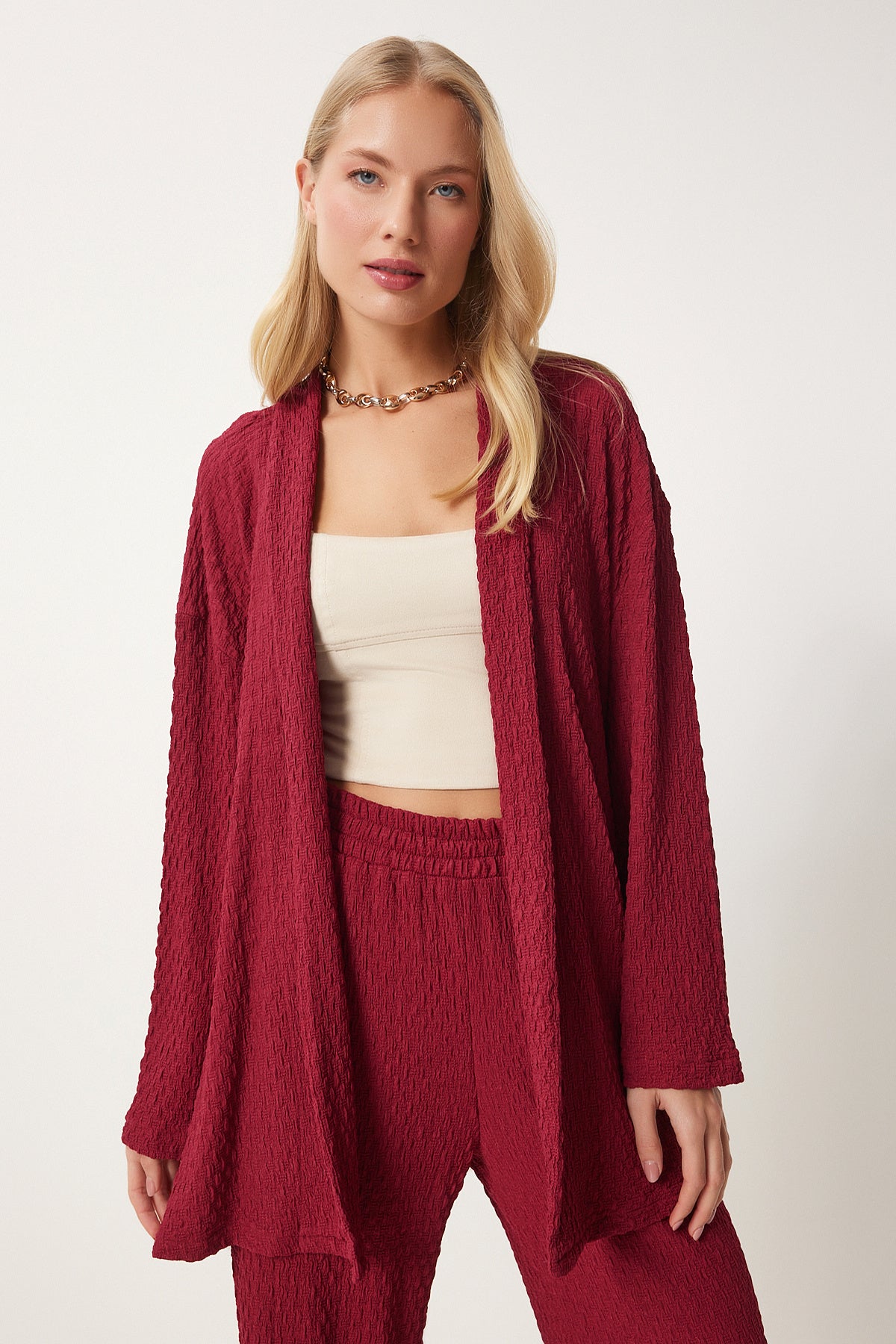 Bordo Dokulu Örme Kimono Pantolon Takım RG00046