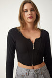 Siyah Fermuarlı Fitilli Crop Bluz SF00006