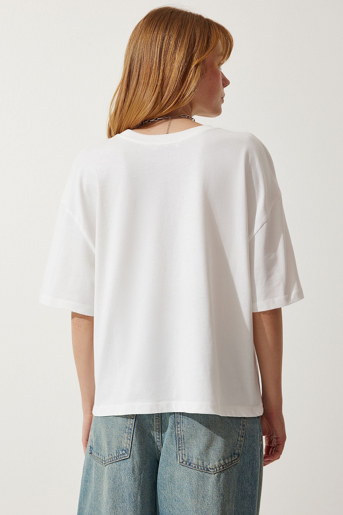 Kırık Beyaz Premium Bisiklet Yaka Oversize Örme T-Shirt AH00160