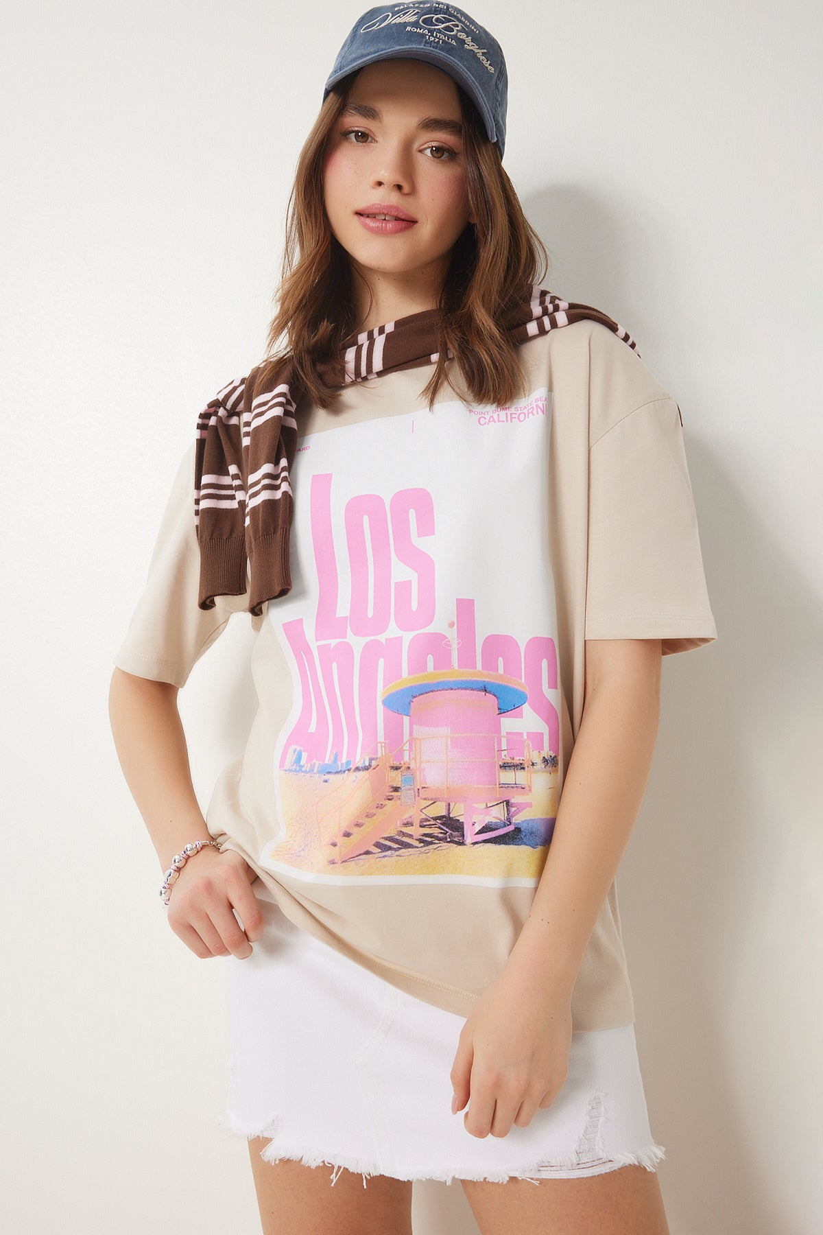 Krem Baskılı Pamuklu Oversize Örme T-Shirt CR00446