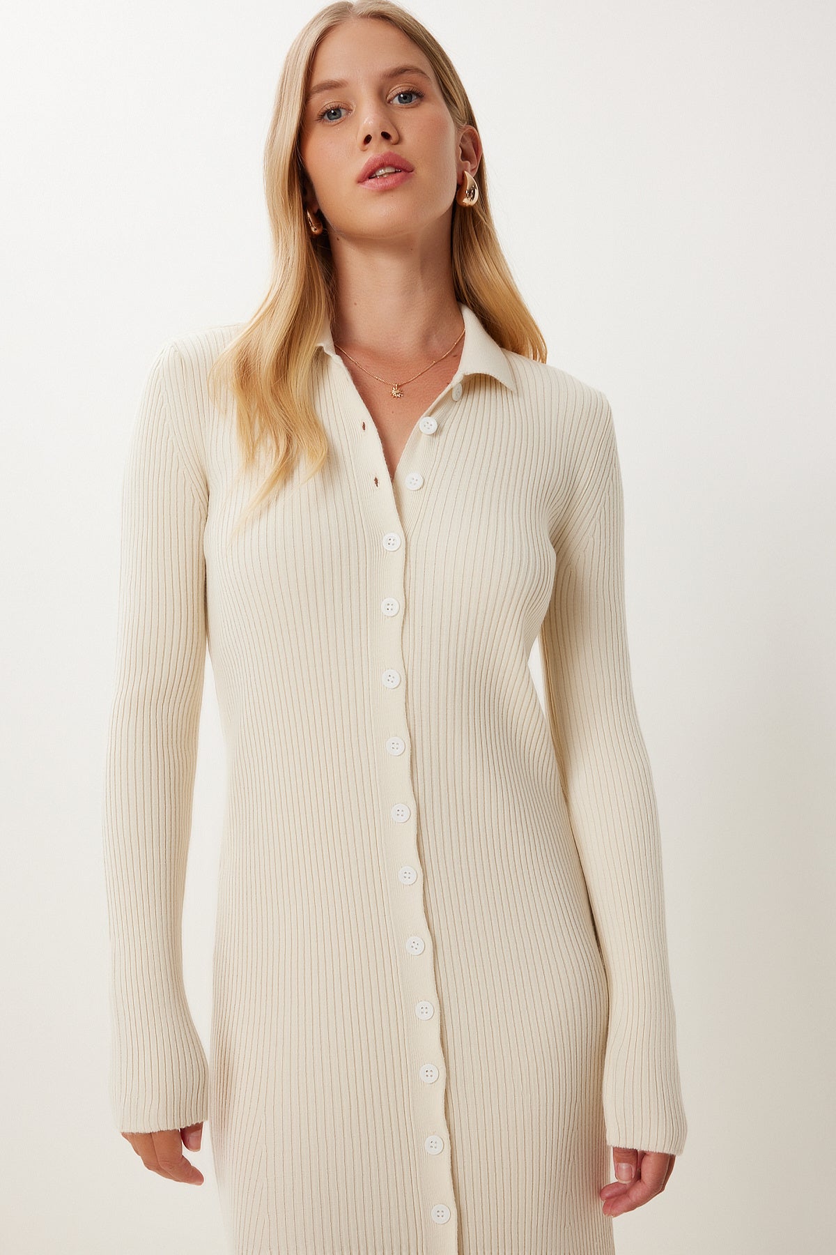 Krem Polo Yaka Midi Fitilli Triko Elbise MX00245
