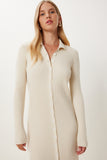 Krem Polo Yaka Midi Fitilli Triko Elbise MX00245