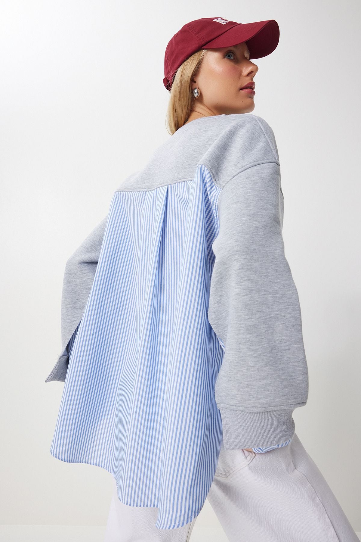 Gri Mavi Oversize Gömlekli Sweatshirt DP00214