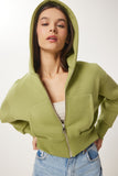 Fıstık Yeşili Kapüşonlu Şardonlu Fermuarlı Sweatshirt OW00051
