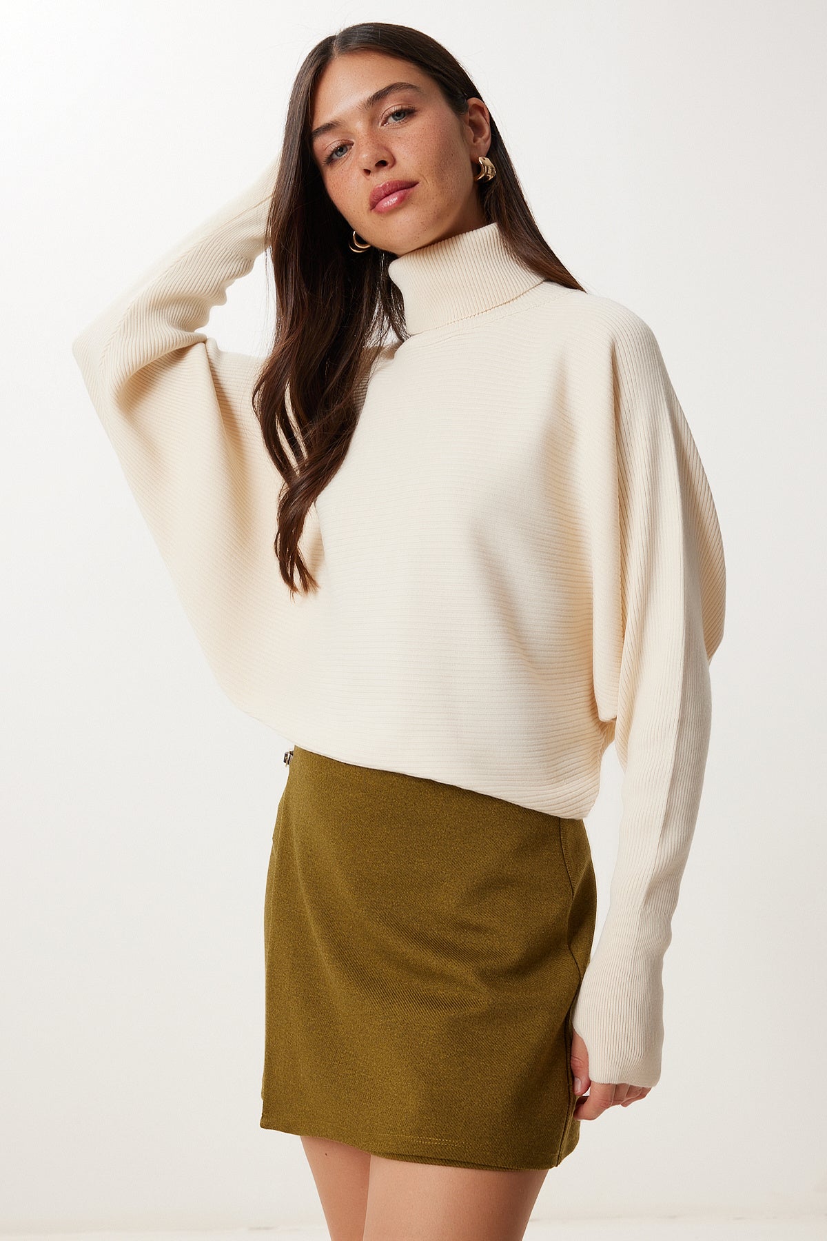 Krem Parmak Geçmeli Crop Fitilli Triko Kazak MX00238