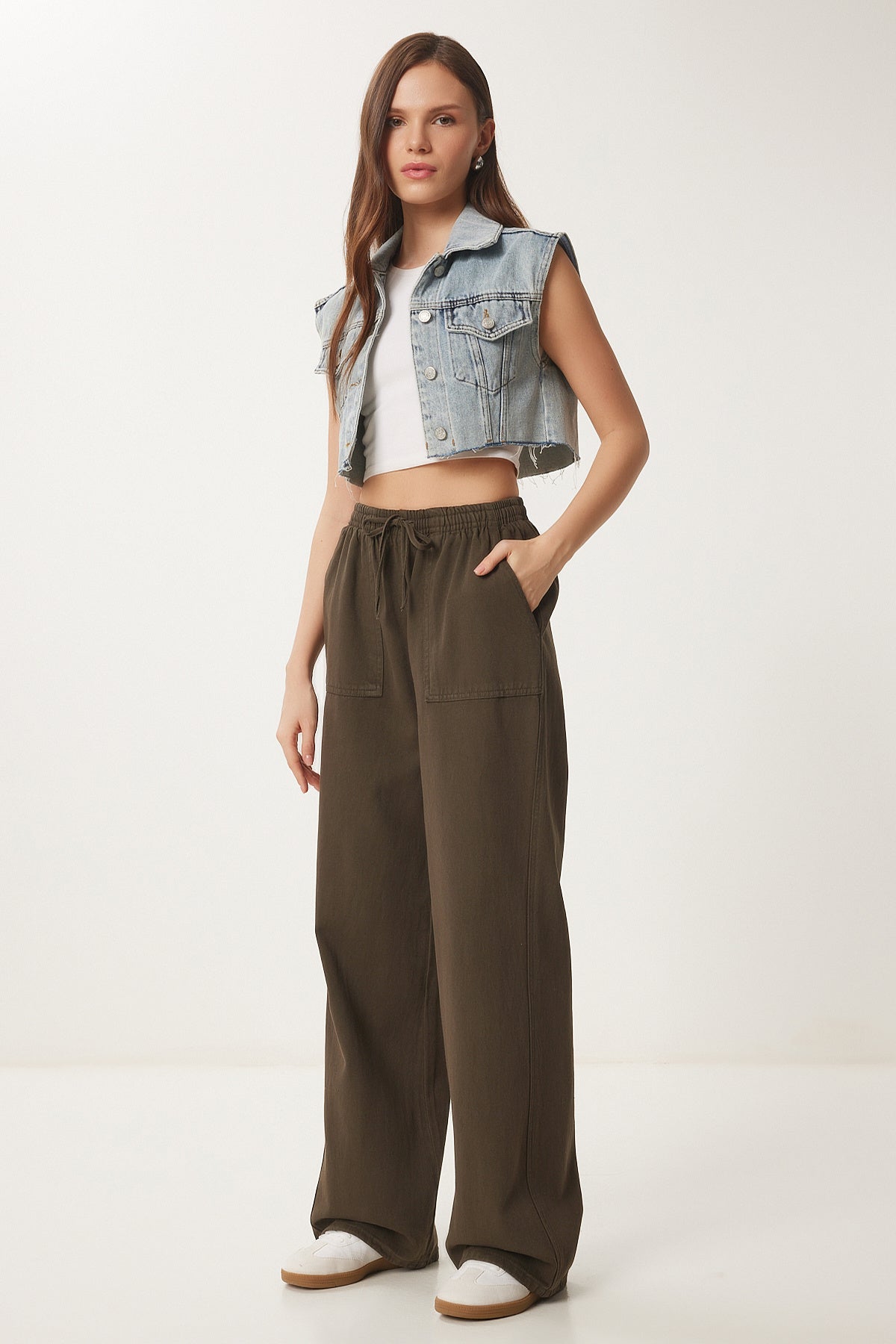 Koyu Haki Soluk Efektli Geniş Paça Denim Palazzo Pantolon MX00179