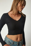 Siyah Krem V Yaka 2'Li Paket Crop Örme Bluz UB00202