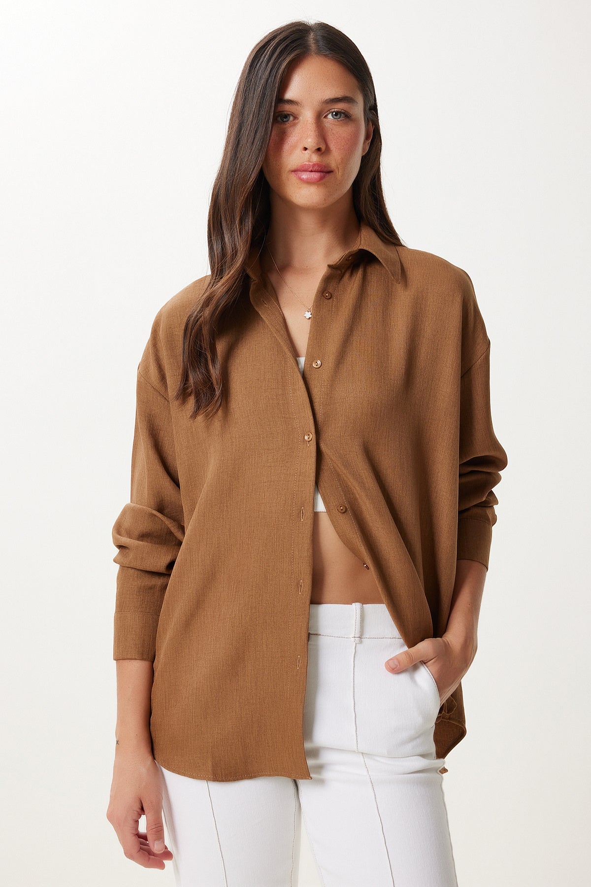 Kahverengi Oversize Keten Gömlek PB00052