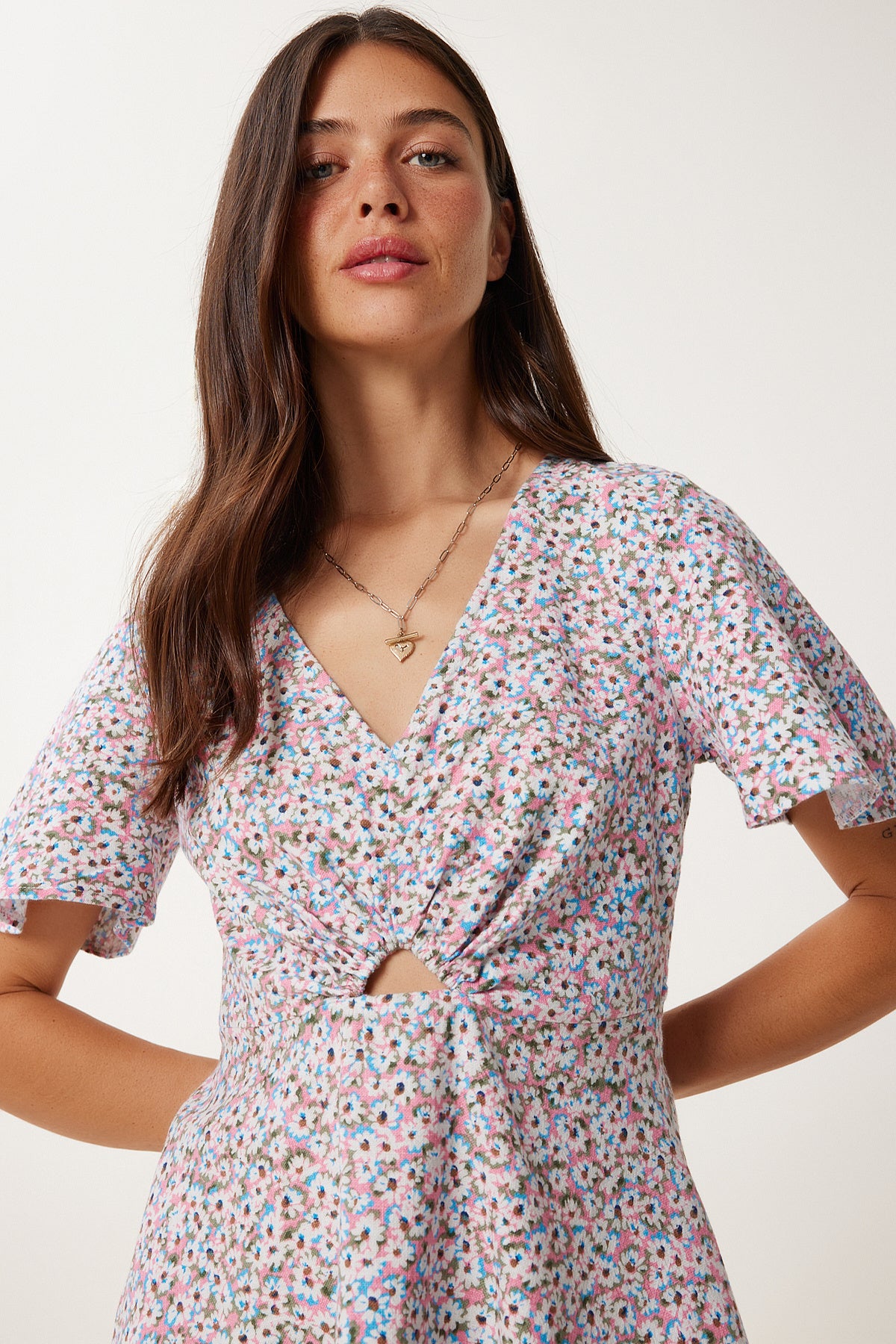 Pembe Çiçekli Yazlık Mini Keten Elbise FK00034