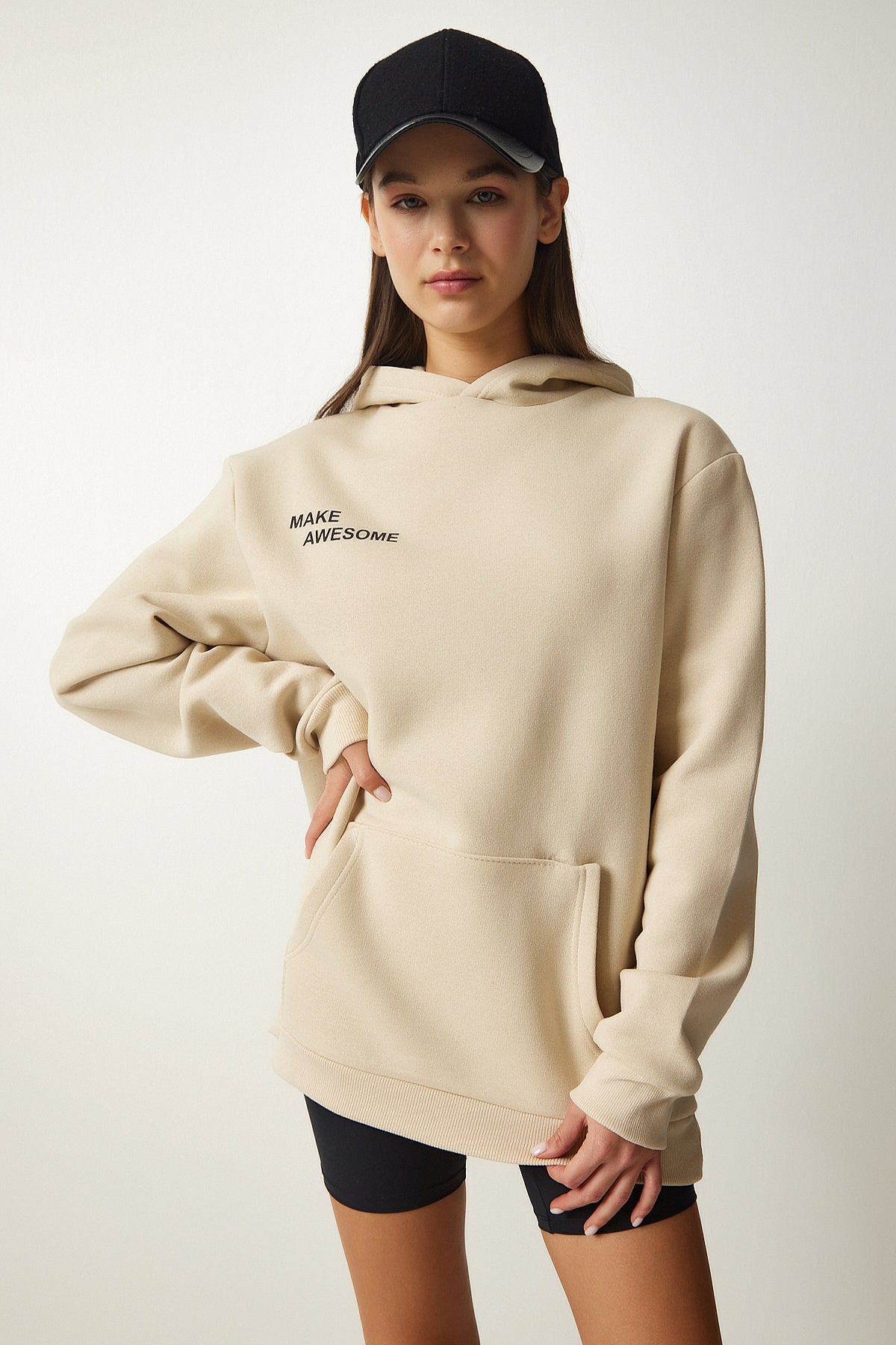 Bej Kapüşonlu Şardonlu Örme Sweatshirt OW00009
