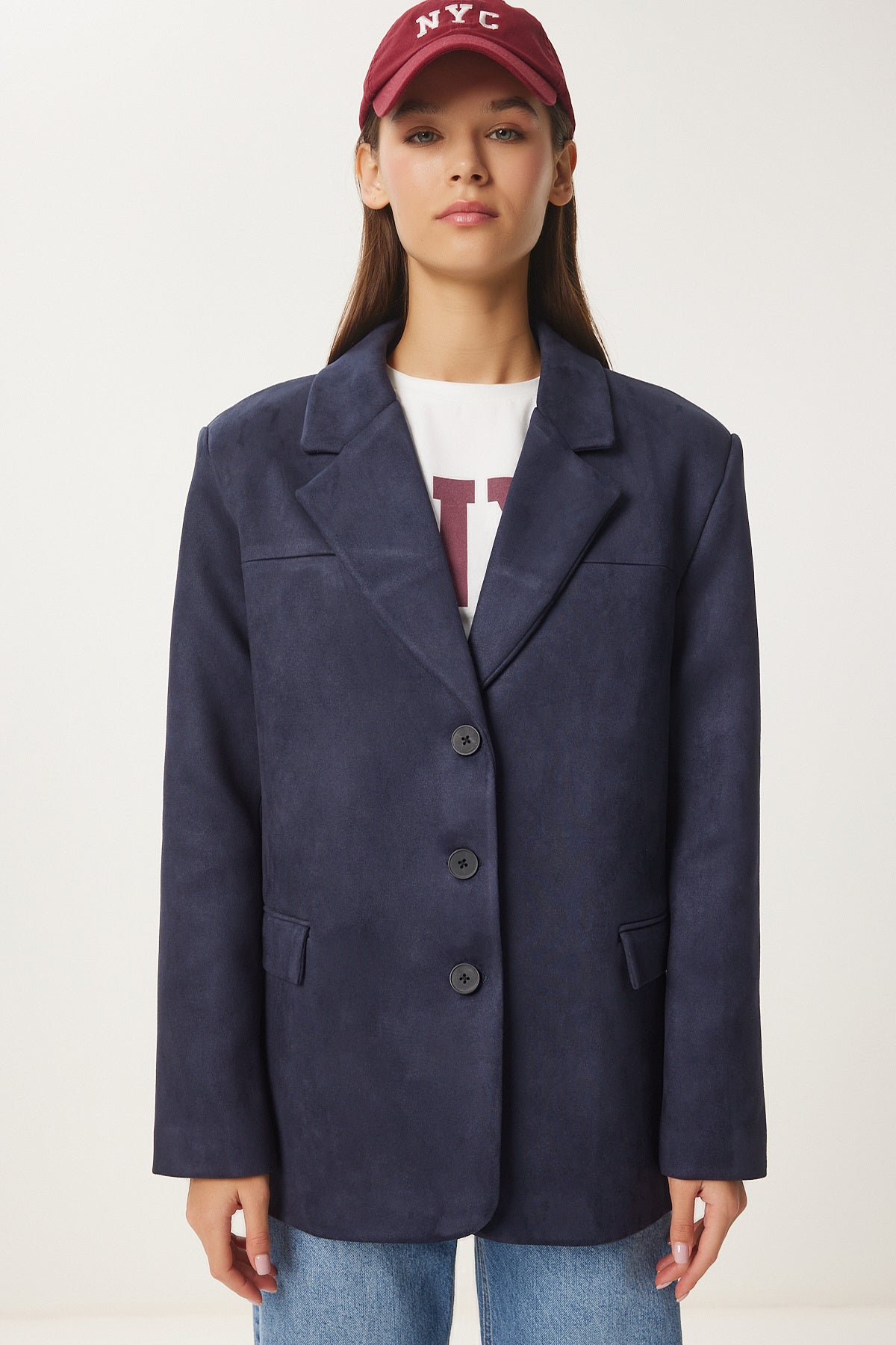 Koyu Lacivert Premium Süet Blazer Ceket FN03443