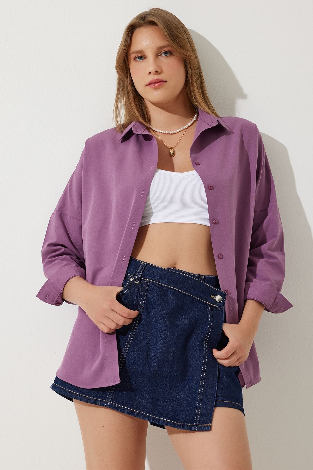 Koyu Lila Oversize Uzun Basic Gömlek DD00842