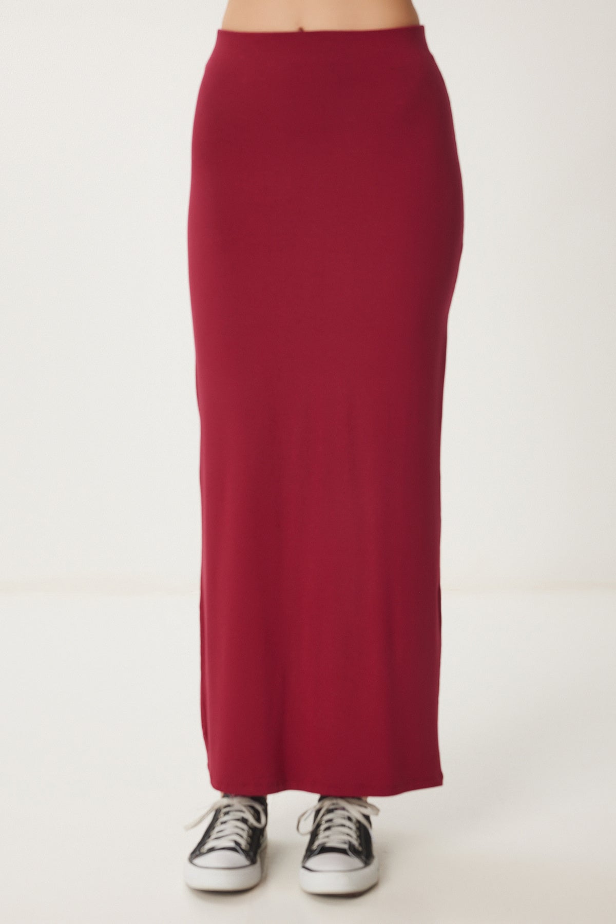 Bordo Yırtmaçlı Midi Örme Etek UB00366