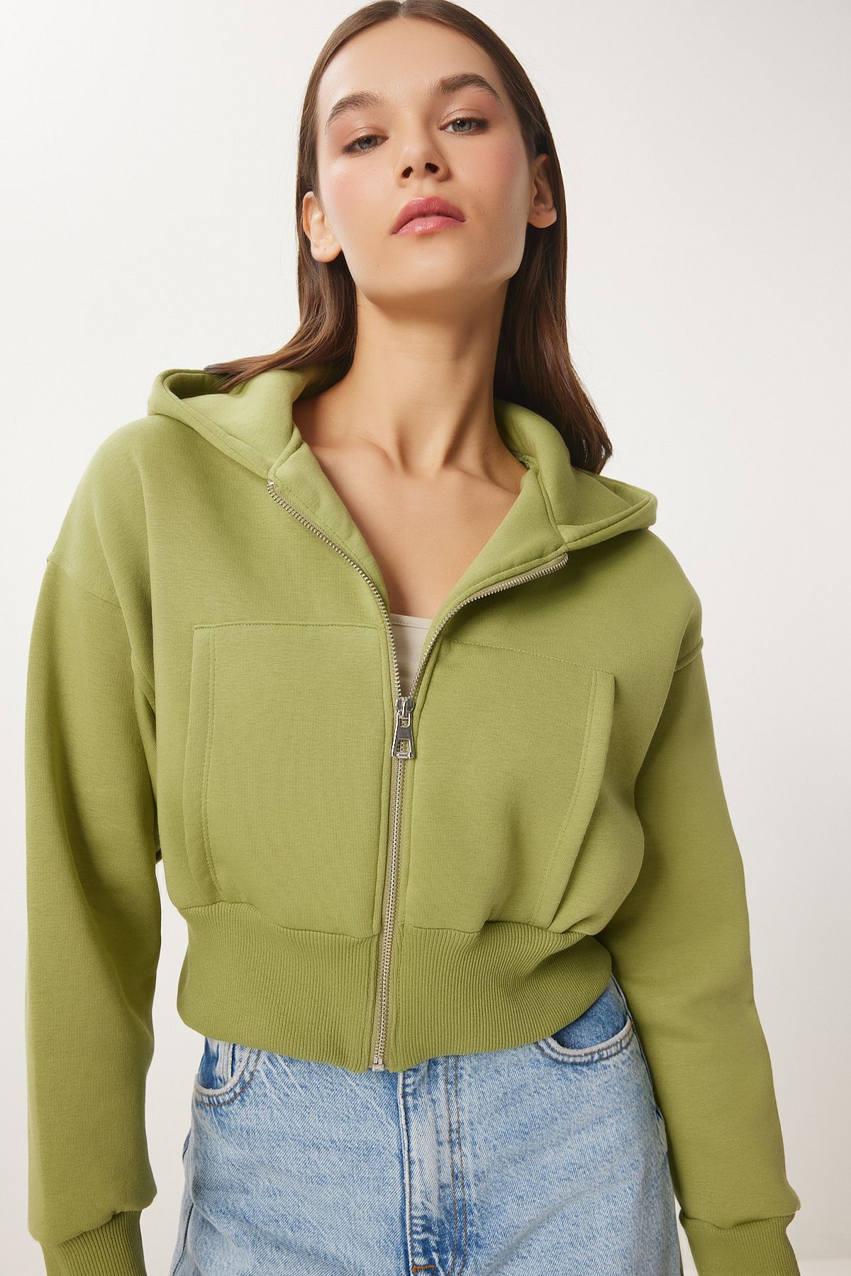 Fıstık Yeşili Kapüşonlu Şardonlu Fermuarlı Sweatshirt OW00051