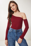 Bordo Açık Omuzlu Fitilli Örme Bluz TG00011