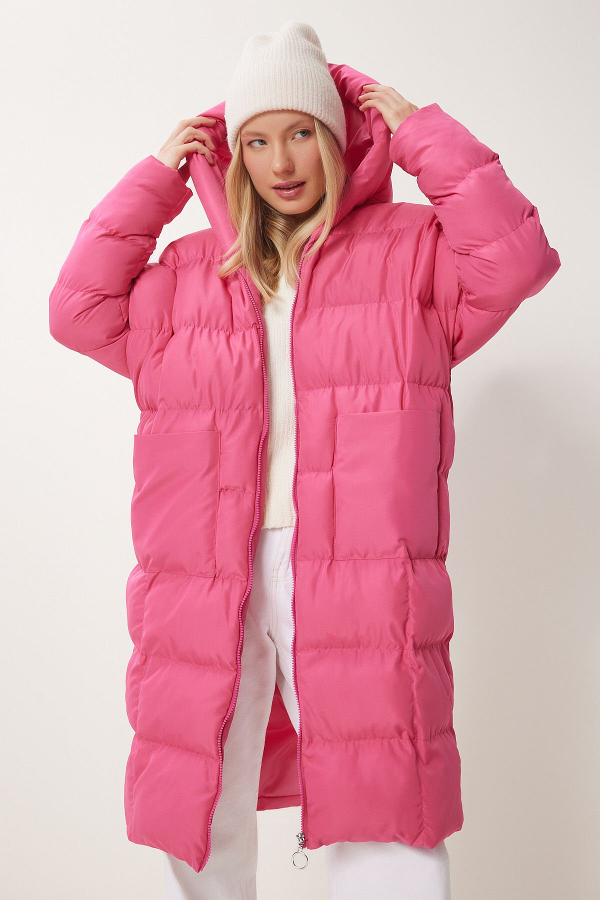 Pembe Kapüşonlu Oversize Uzun Şişme Kaban NT00428