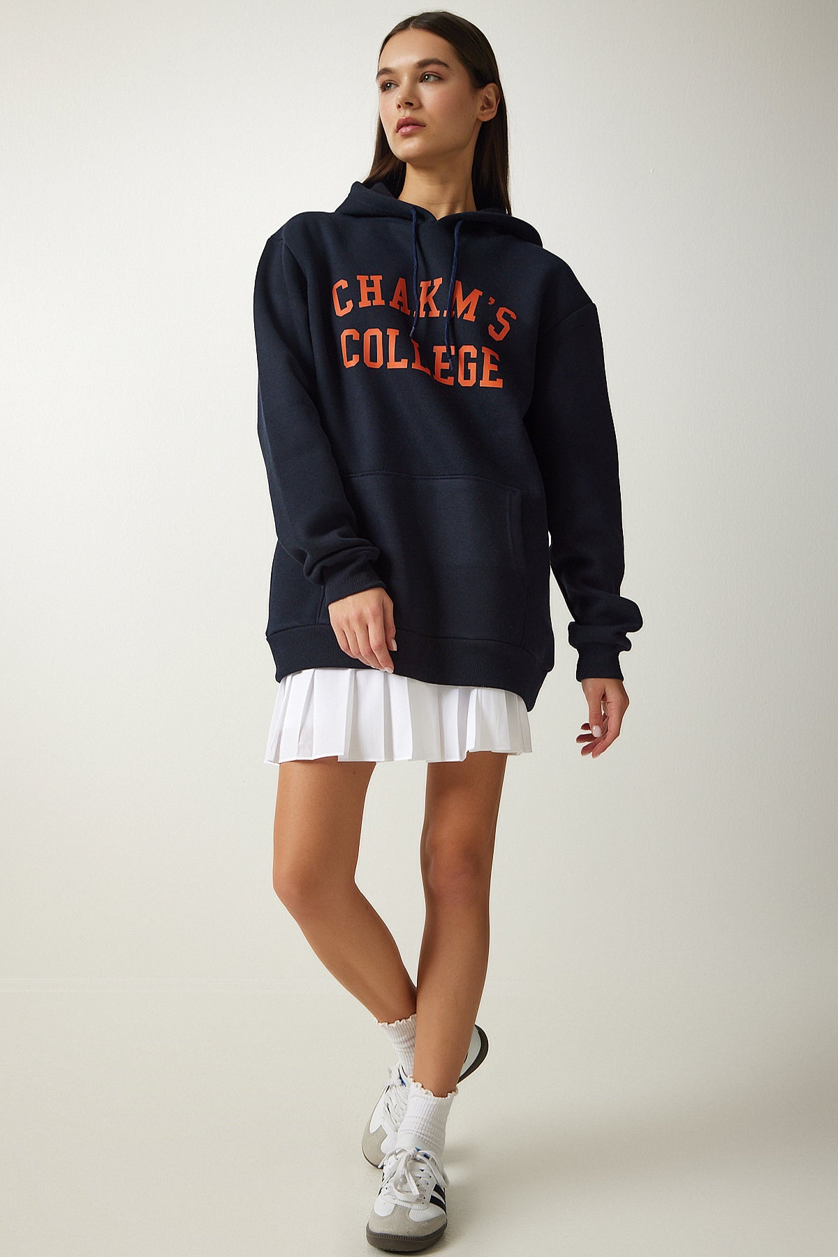 Koyu Lacivert Baskılı Kapüşonlu Şardonlu Sweatshirt OW00012