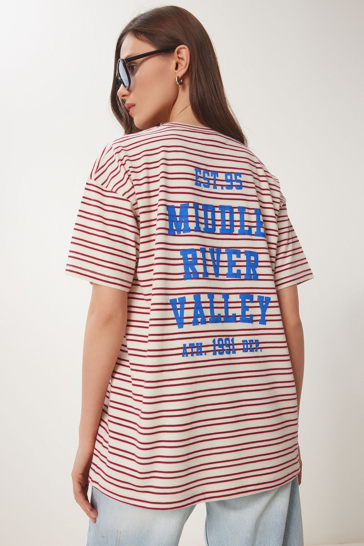 Krem Bordo Çizgili Baskılı Örme T-Shirt CR00487