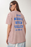 Krem Bordo Çizgili Baskılı Örme T-Shirt CR00487