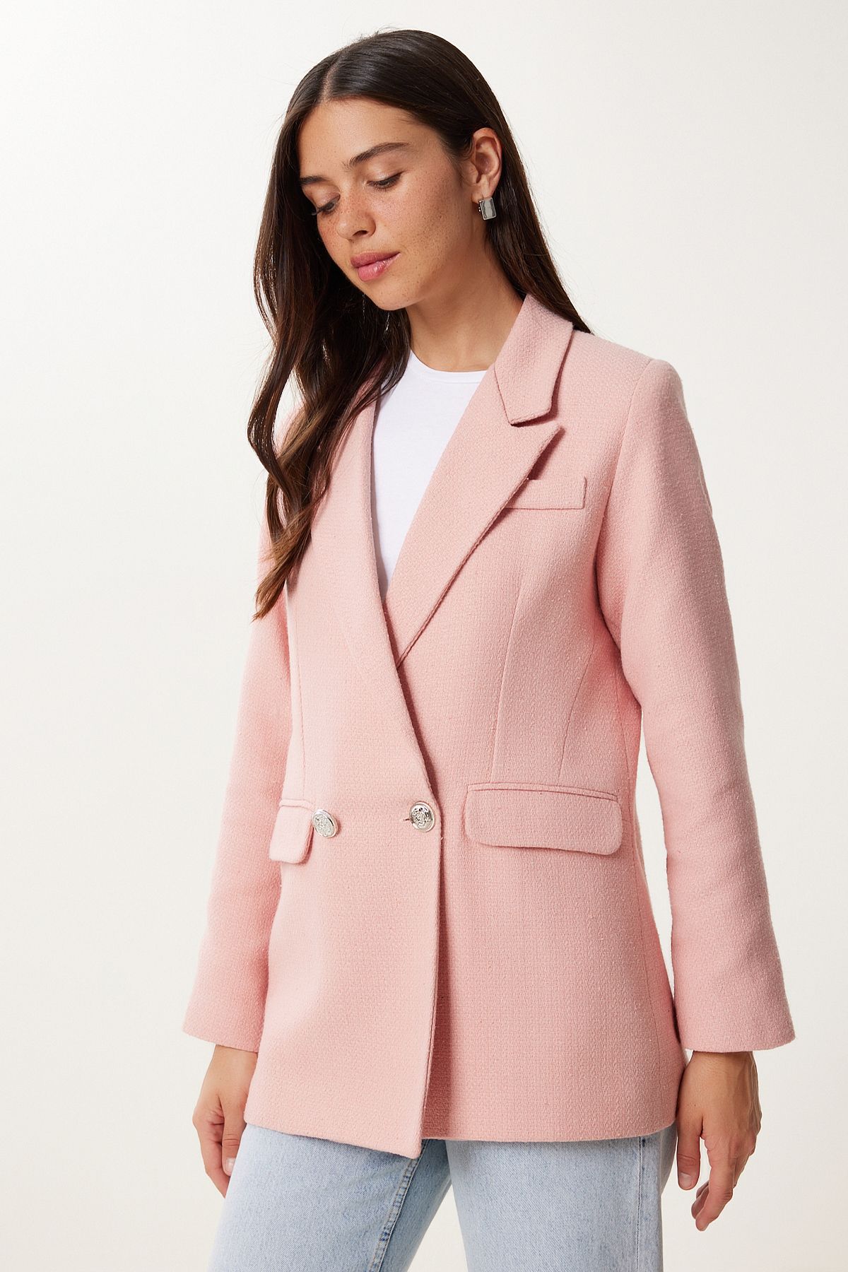 Pembe Vatkalı Şık Düğmeli Tüvit Blazer Ceket XL00005