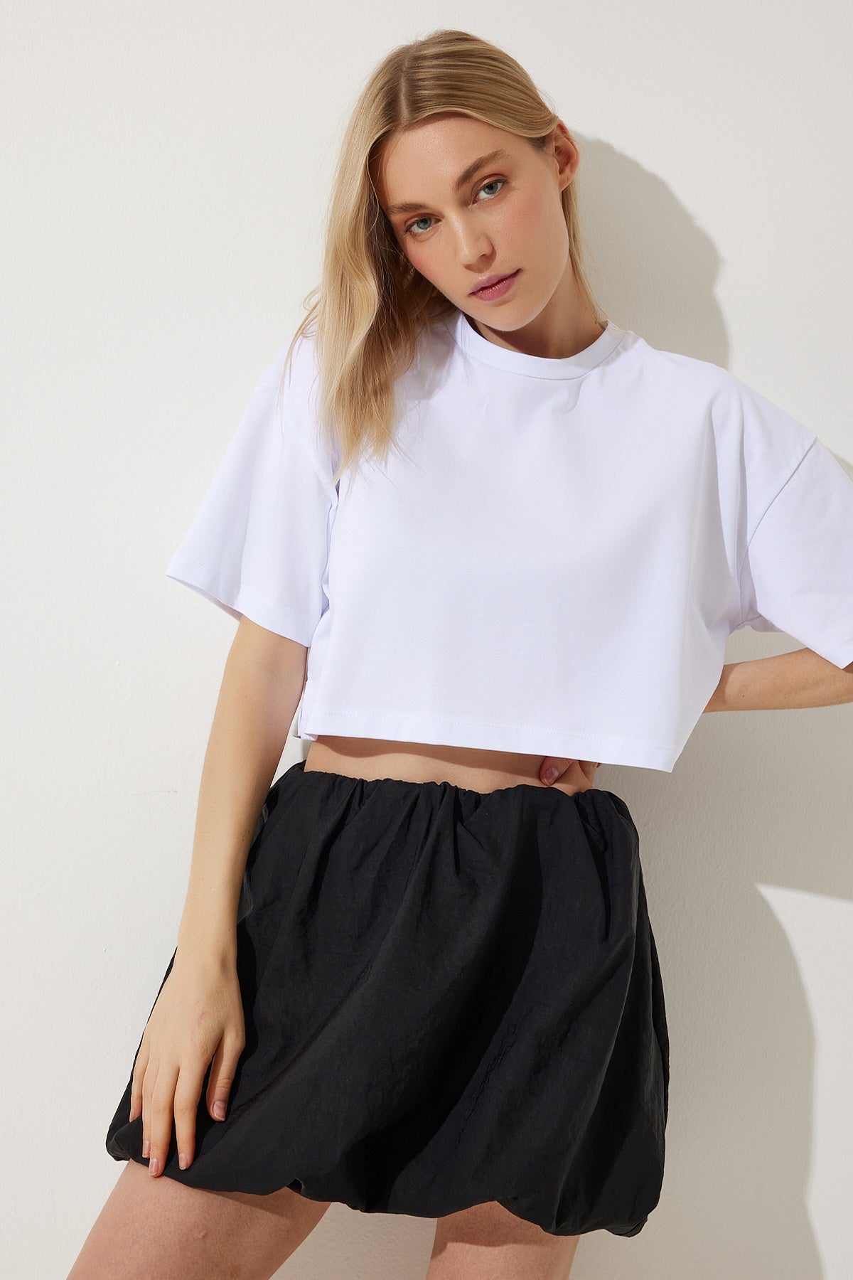 Beyaz %100 Pamuk Oversize Crop Örme T-Shirt BP00164