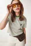 Yeşil Kemik Nakışlı Çizgili Pamuklu Örme T-Shirt CR00447