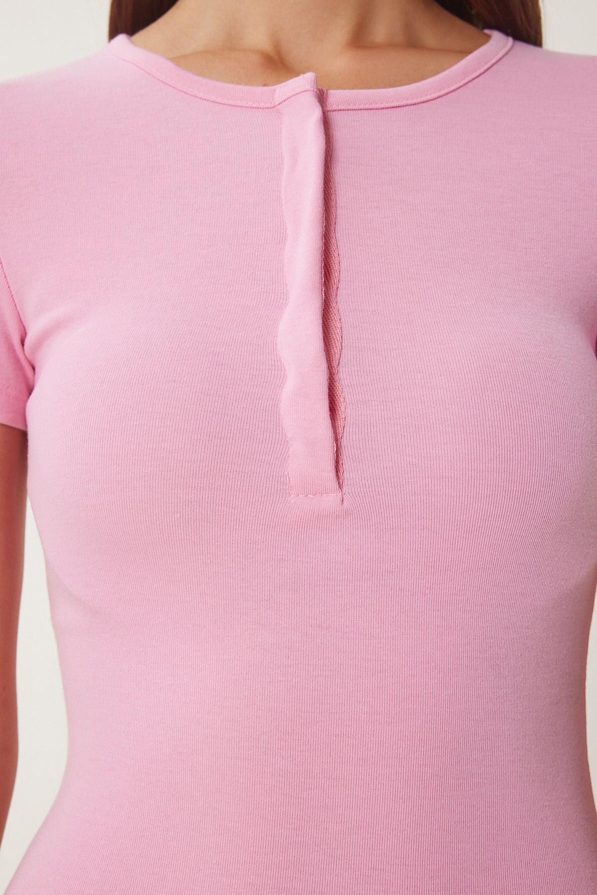 Pembe Çıtçıtlı Basic Örme Crop Bluz FW00004