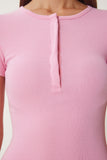 Pembe Çıtçıtlı Basic Örme Crop Bluz FW00004
