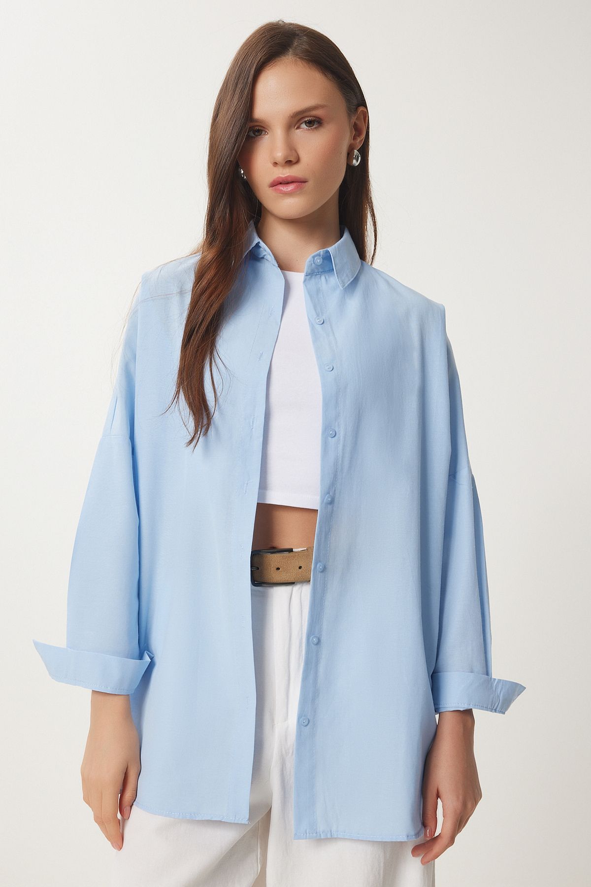 Gök Mavi Oversize Uzun Basic Gömlek DD00842