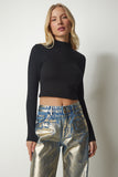 Siyah Dik Yaka Fitilli Kaşkorse Crop Bluz ub00165