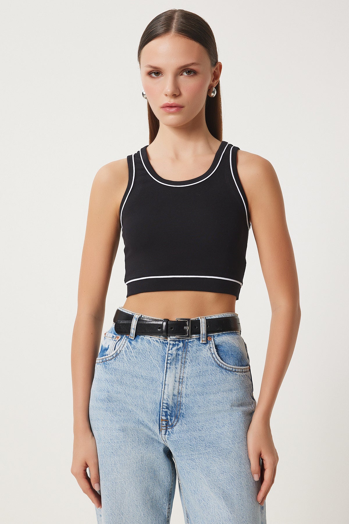 Siyah Şeritli Crop Tok Örme Bluz US00945