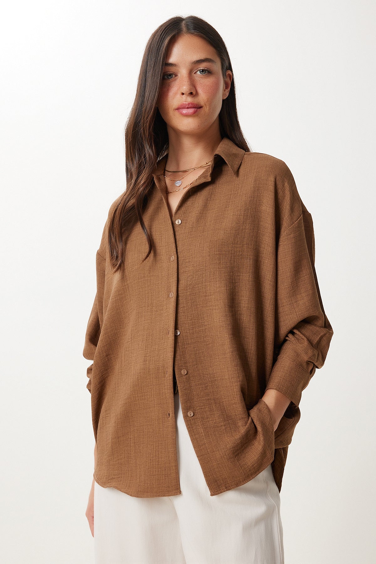 Kahverengi Oversize Keten Gömlek PB00053