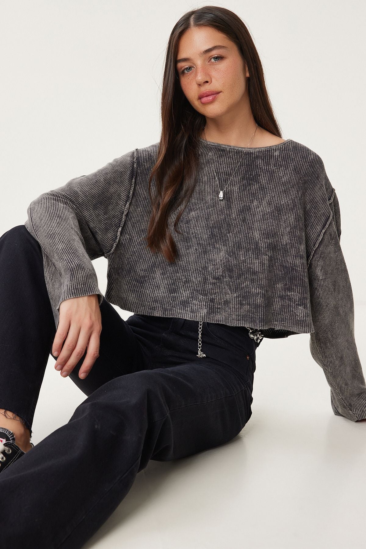 Antrasit Yıkamalı Crop Triko Kazak NS00459
