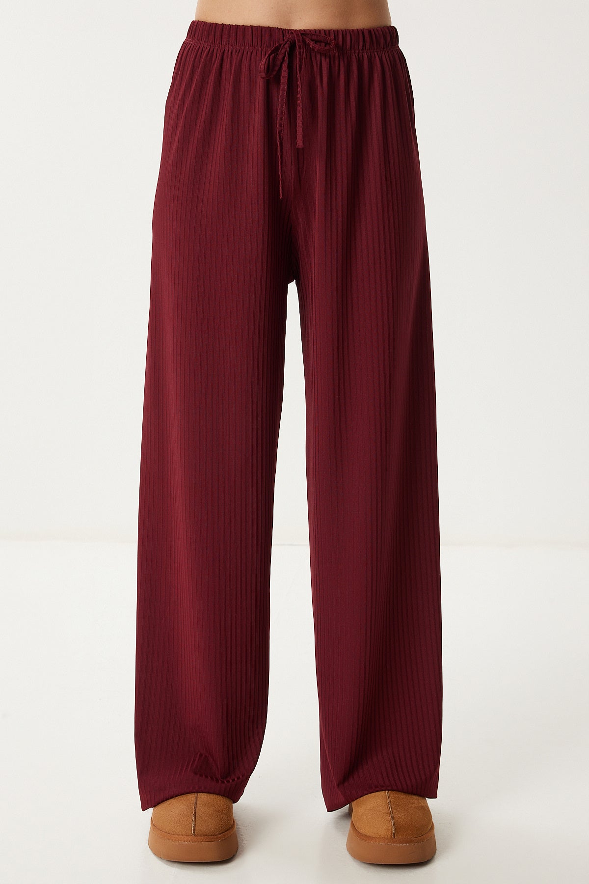 Bordo Geniş Paça Rahat Örme Pantolon PB00054