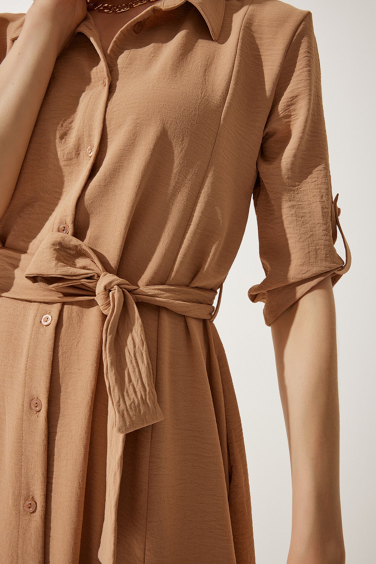 Camel Kuşaklı Gömlek Elbise DD01256