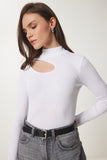 Beyaz Cut Out Detaylı Fitilli Örme Bluz GT00065