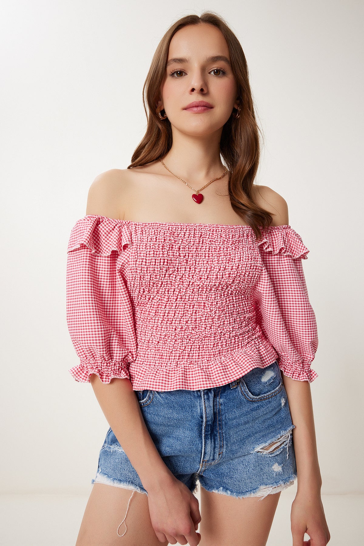 Pembe Kareli Esnek Crop Dokuma Bluz TP00070