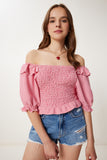 Pembe Kareli Esnek Crop Dokuma Bluz TP00070