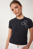 Siyah Boncuklu Fiyonk Detaylı Örme T-Shirt ZV00290