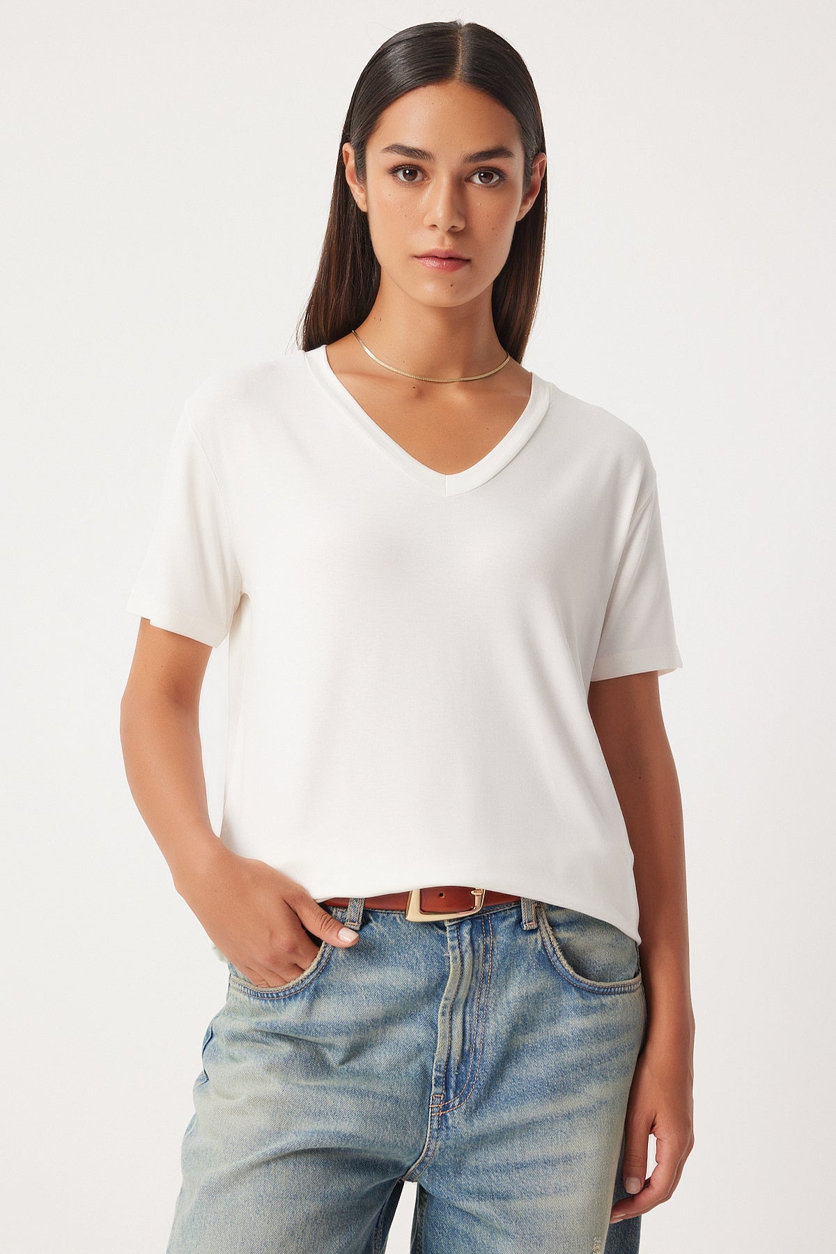 Ekru V Yaka Basic Viskon Örme T-Shirt EN00613