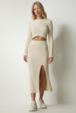 Krem Fitilli Crop Etek Triko Takım PF00020